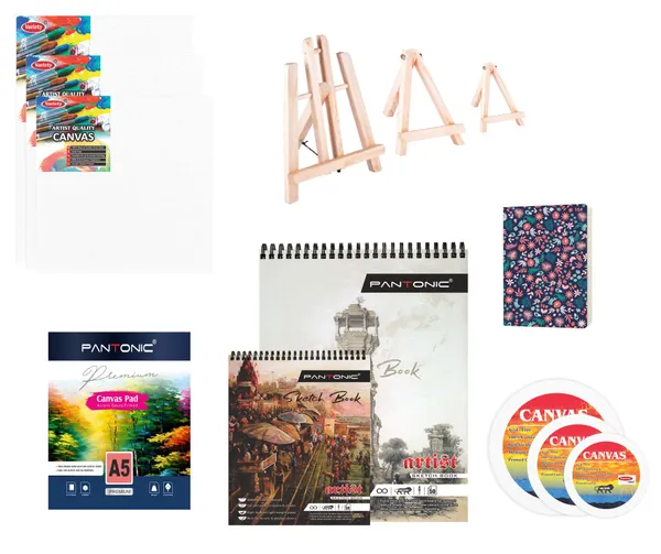 Variety_Canvas_Art_Kit_For_Artists_N_Students_Which_Includes_[_3_Pc_Canvas_Boards_[_10X10_,10X12_,_10X14_]_,_Round_Canvas_Board_8"6"5"_[3],_Canvas_Pad_A/5_1Pc_,_Journal_Sketchnotebook_B/6_[1]_,_Sketchnotebook_A/3_A/5_[2]_,_Wooden_Easel_Stand_12"8"6"_[3]_3