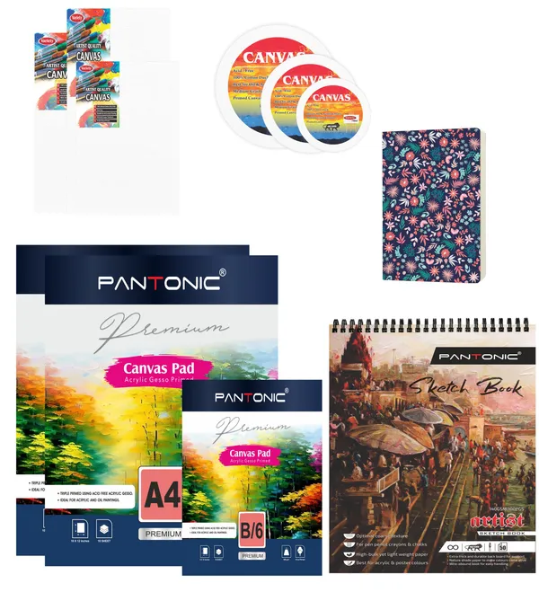 Variety_Canvas_Art_Kit_For_Artists_N_Students_Which_Includes_[_3_Pc_Canvas_Boards_[_4X8_,4X6_,_5X7_]_,Round_Canvas_Board_5"4"3"_3Pc_,_Canvas_Pad_A/4_,_B/6_[3]_,_Journal_Sketchnotebook_A/6_[1]_,_Sketchnotebook_A/5_[1]_1