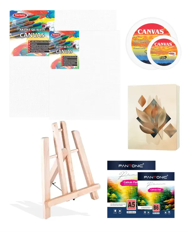 Variety_Canvas_Art_Kit_For_Artists_N_Students_Which_Includes_[_Canvas_Boards_2_Pc,_Round_2Pc_,_Easel_Stand_Pc_1_,_Canvas_Pad_A/5,B/6_2Pc_,_Journal_Sketchnotebook_A/4_1_Pc_,_Pack_Of_8