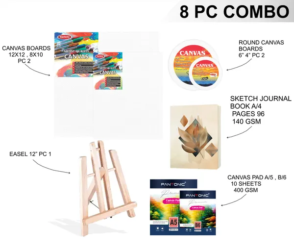 Variety_Canvas_Art_Kit_For_Artists_N_Students_Which_Includes_[_Canvas_Boards_2_Pc,_Round_2Pc_,_Easel_Stand_Pc_1_,_Canvas_Pad_A/5,B/6_2Pc_,_Journal_Sketchnotebook_A/4_1_Pc_,_Pack_Of_8