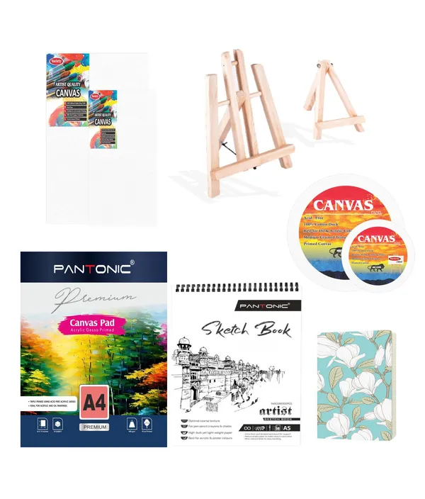 Variety_Canvas_Art_Kit_For_Artists_N_Students_Which_Includes_[_Canvas_Boards_2Pc,_Round_2Pc_,_Easel_Stand_Pc_2_,_Canvas_Pad_A/4_1Pc_,_Sketchnotebook_A/5_[1]_],_Journal_Sketchnotebook_1_Pc_,_Pack_Of_9