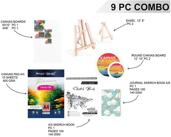 Variety_Canvas_Art_Kit_For_Artists_N_Students_Which_Includes_[_Canvas_Boards_2Pc,_Round_2Pc_,_Easel_Stand_Pc_2_,_Canvas_Pad_A/4_1Pc_,_Sketchnotebook_A/5_[1]_],_Journal_Sketchnotebook_1_Pc_,_Pack_Of_9