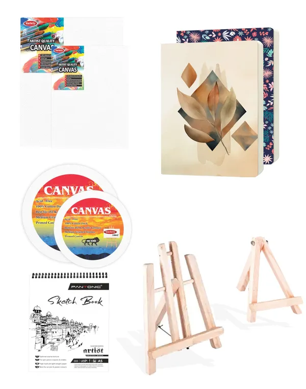 Variety_Canvas_Art_Kit_For_Artists_N_Students_Which_Includes_[_Canvas_Boards_2Pc,_Round_2Pc_,_Easel_Stand_Pc_2_,_Sketchnotebook_A/5_[1]_],_Journal_Sketchnotebook_2_Pc_,_Pack_Of_9