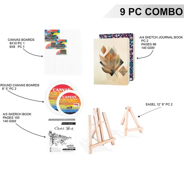 Variety_Canvas_Art_Kit_For_Artists_N_Students_Which_Includes_[_Canvas_Boards_2Pc,_Round_2Pc_,_Easel_Stand_Pc_2_,_Sketchnotebook_A/5_[1]_],_Journal_Sketchnotebook_2_Pc_,_Pack_Of_9