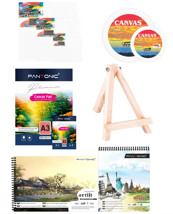 Variety_Canvas_Art_Kit_For_Artists_N_Students_Which_Includes_[_Canvas_Boards_3_Pc,_Round_Canvas_Board_6"4"_2Pc_,_Canvas_Pad_A/3_A/5_2Pc_,_Easel_Stand_Pc_1_,_Sketchnotebook_A/4_A/5_2Pc_0