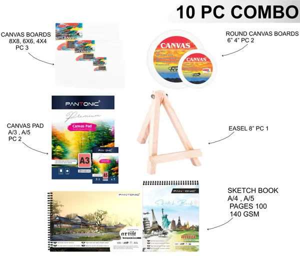 Variety_Canvas_Art_Kit_For_Artists_N_Students_Which_Includes_[_Canvas_Boards_3_Pc,_Round_Canvas_Board_6"4"_2Pc_,_Canvas_Pad_A/3_A/5_2Pc_,_Easel_Stand_Pc_1_,_Sketchnotebook_A/4_A/5_2Pc_0