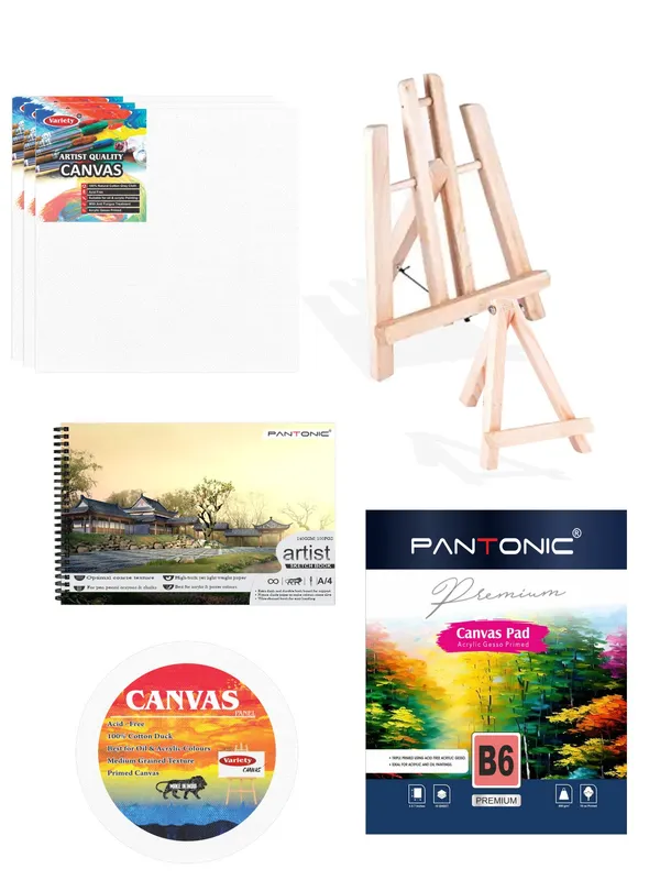 Variety_Canvas_Art_Kit_For_Artists_N_Students_Which_Includes_[_Canvas_Boards_3Pc,Round_4"_Pc1,_B/6_Canvas_Pad_,Sketchnotebook_1_Pc,_Easel_Stand_12"_6"_]_Pack_Of_8