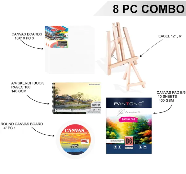 Variety_Canvas_Art_Kit_For_Artists_N_Students_Which_Includes_[_Canvas_Boards_3Pc,Round_4"_Pc1,_B/6_Canvas_Pad_,Sketchnotebook_1_Pc,_Easel_Stand_12"_6"_]_Pack_Of_8