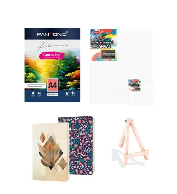 Variety_Canvas_Art_Kit_For_Artists_N_Students_Which_Includes_[_Canvas_Boards_3Pc,_A/4_Canvas_Pad_,_Journal_Sketchnotebook_2_Pc,_Easel_Stand_8"_]_Pack_Of_7