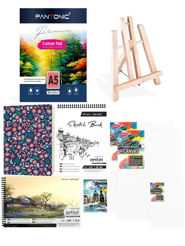 Variety_Canvas_Art_Kit_For_Artists_N_Students_Which_Includes_[_Canvas_Boards_3Pc,_A/5_Canvas_Pad_,Sketchnotebook_3_Pc,_Journal_Sketchnotebook_1_Pc,_Easel_Stand_12"]_Pack_Of_9