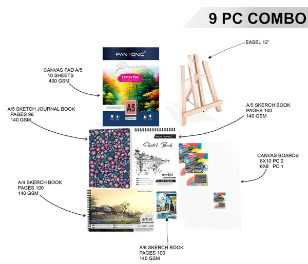 Variety_Canvas_Art_Kit_For_Artists_N_Students_Which_Includes_[_Canvas_Boards_3Pc,_A/5_Canvas_Pad_,Sketchnotebook_3_Pc,_Journal_Sketchnotebook_1_Pc,_Easel_Stand_12"]_Pack_Of_9