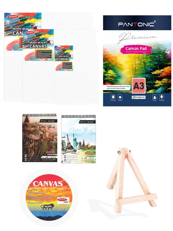 Variety_Canvas_Art_Kit_For_Artists_N_Students_Which_Includes_[_Canvas_Boards_3Pc,_Round_1Pc_,_A/3_Canvas_Pad_,_Easel_Stand_6"_,_Sketchnotebook_A/6_[2]_]_Pack_Of_8