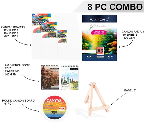 Variety_Canvas_Art_Kit_For_Artists_N_Students_Which_Includes_[_Canvas_Boards_3Pc,_Round_1Pc_,_A/3_Canvas_Pad_,_Easel_Stand_6"_,_Sketchnotebook_A/6_[2]_]_Pack_Of_8