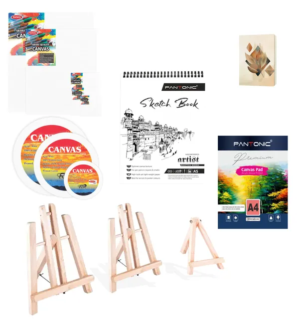 Variety_Canvas_Art_Kit_For_Artists_N_Students_Which_Includes_[_Canvas_Boards_5_Pc,_Round_3Pc_,_Easel_Stand_Pc_3_,_Canvas_Pad_A/4_1Pc_,_Sketchnotebook_A/3_[1]_],_Journal_Sketchnotebook_1_Pc_,4