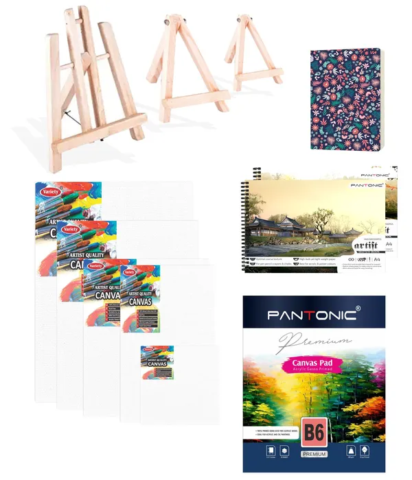Variety_Canvas_Art_Kit_For_Artists_N_Students_Which_Includes_[_Canvas_Boards_5Pc_,_Easel_Stand_Pc_3_,_Canvas_Pad_B/6_1Pc_,_Sketchnotebook_A/4_[2]_],_Journal_Sketchnotebook_1_Pc_,_2