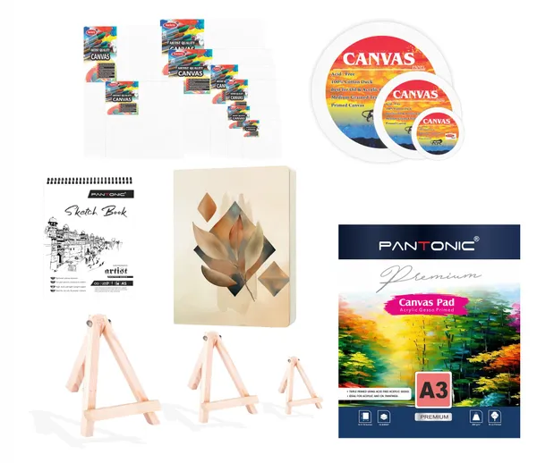 Variety_Canvas_Art_Kit_For_Artists_N_Students_Which_Includes_[_Canvas_Boards_8_Pc,_Round_3Pc_,_Easel_Stand_Pc_3_,_Canvas_Pad_A/3_1Pc_,_Sketchnotebook_A/5_[1]_],_Journal_Sketchnotebook_A/4_1_Pc_,7