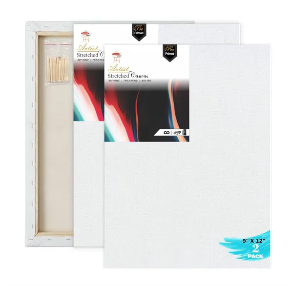 9X12_STRETCHED_WHITE_PRIMED_COTTON_PRE_STRETCHED_CANVAS_WITH_WOODEN_FRAME_PACK_OF_2