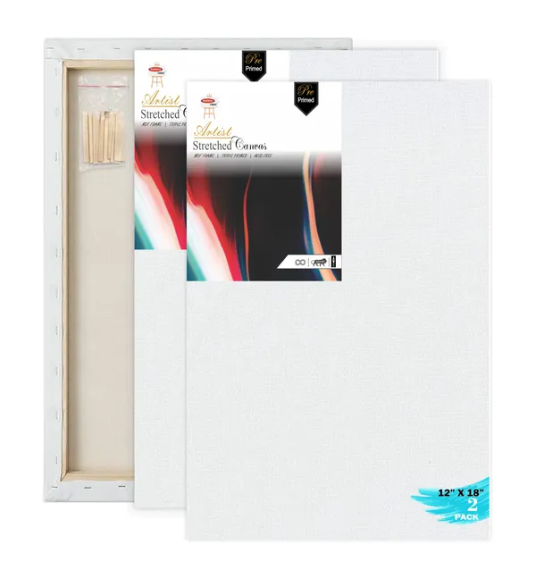 12X18_STRETCHED_WHITE_PRIMED_COTTON_PRE_STRETCHED_CANVAS_WITH_WOODEN_FRAME_PACK_OF_2