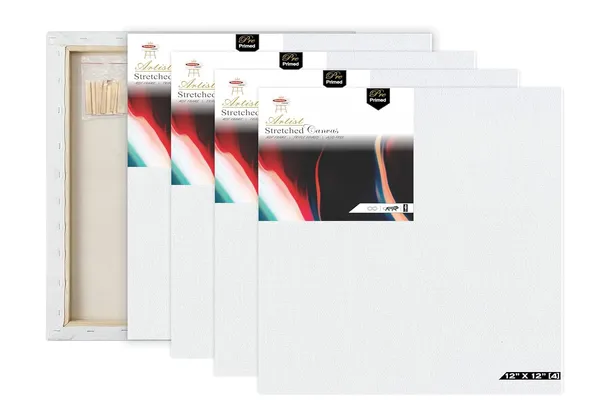 12X12_Stretched_White_Primed_Cotton_Pre_Stretched_Canvas_With_Wooden_Frame_Pack_Of_4