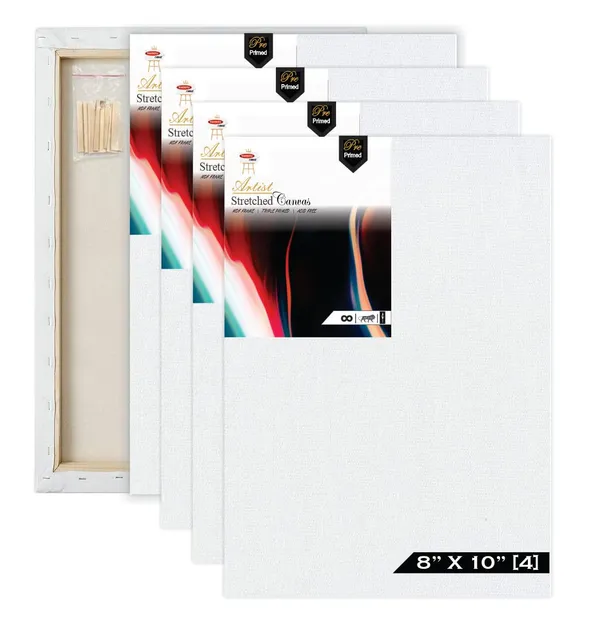 8X10_STRETCHED__WHITE_PRIMED_COTTON_PRE_STRETCHED_CANVAS_WITH_WOODEN_FRAME_PACK_OF_4