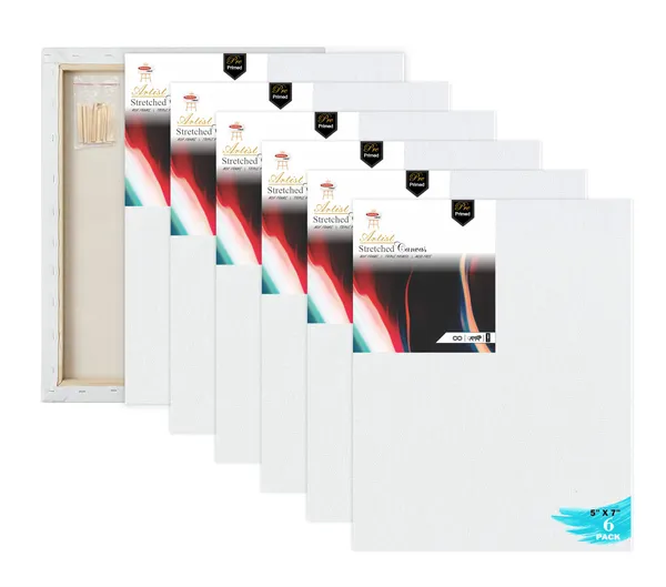 5X7_STRETCHED_WHITE_PRIMED_COTTON_PRE_STRETCHED_CANVAS_WITH_WOODEN_FRAME_PACK_OF_6