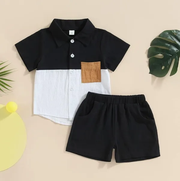 Black_And_White_Brown_Pocket_Fancy_Shirt_And_Short_For_Kids