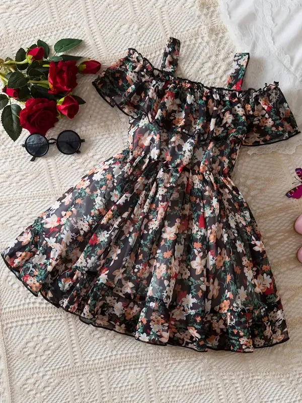 Black_Printed_Floral_Princess_Dress_For_Girls
