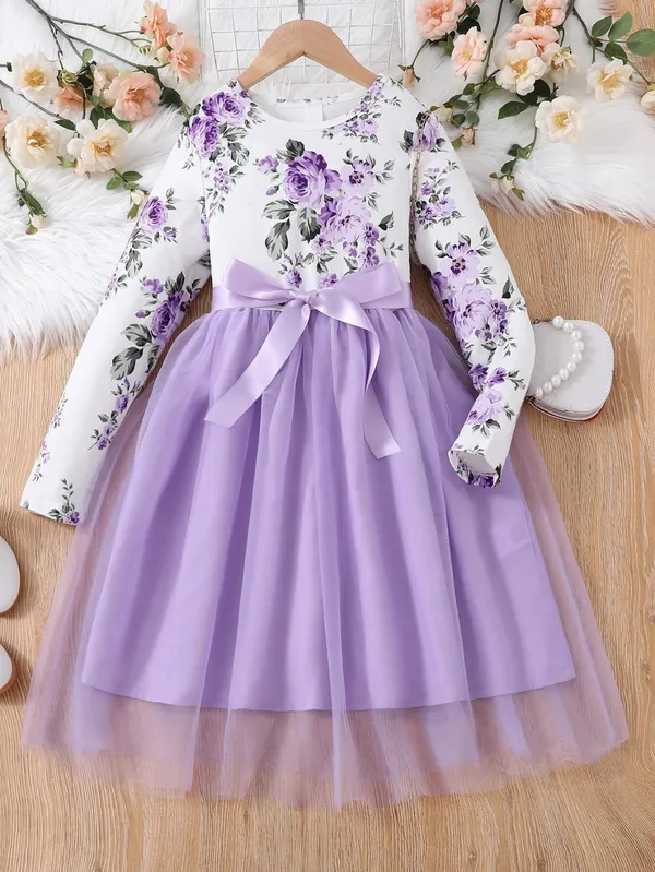 Light_Purple_Flower_Printed_Floral_Dress_For_Girls