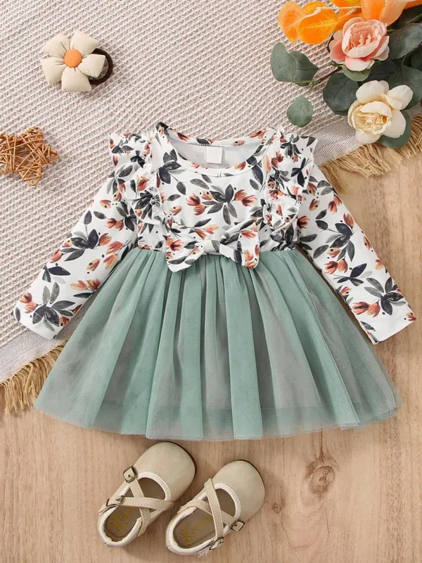 Peach_Flower_Ribine_Printed_Frock_For_Girls