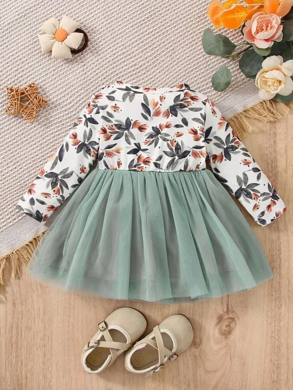 Peach_Flower_Ribine_Printed_Frock_For_Girls