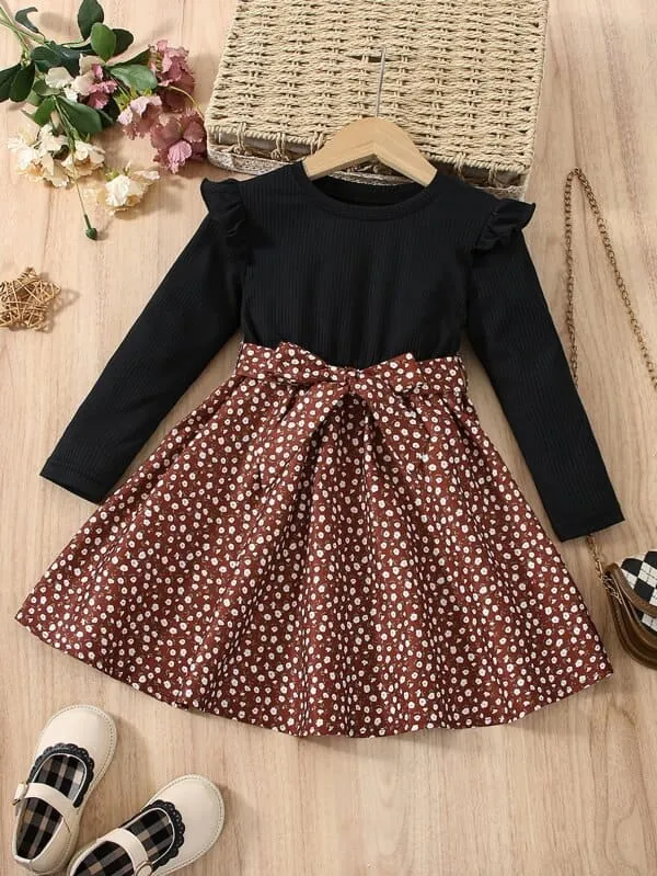 Black__Brown_Elegant_Longsleeve_Floral_Dress_For_Girls