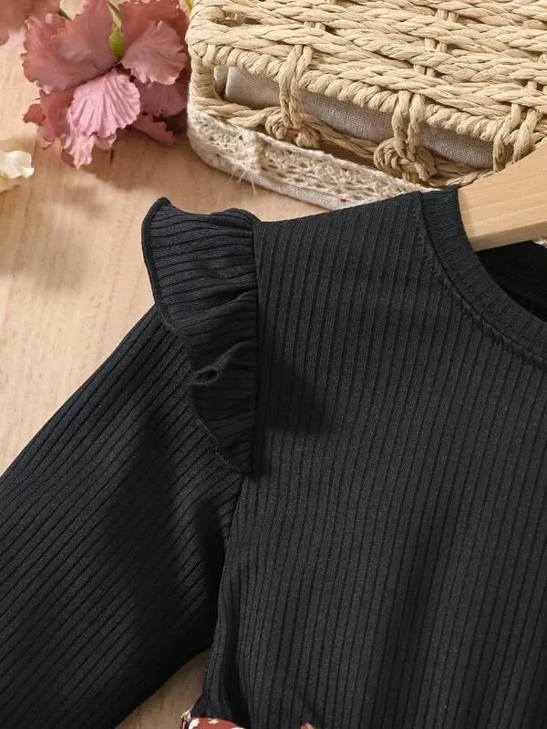 Black__Brown_Elegant_Longsleeve_Floral_Dress_For_Girls