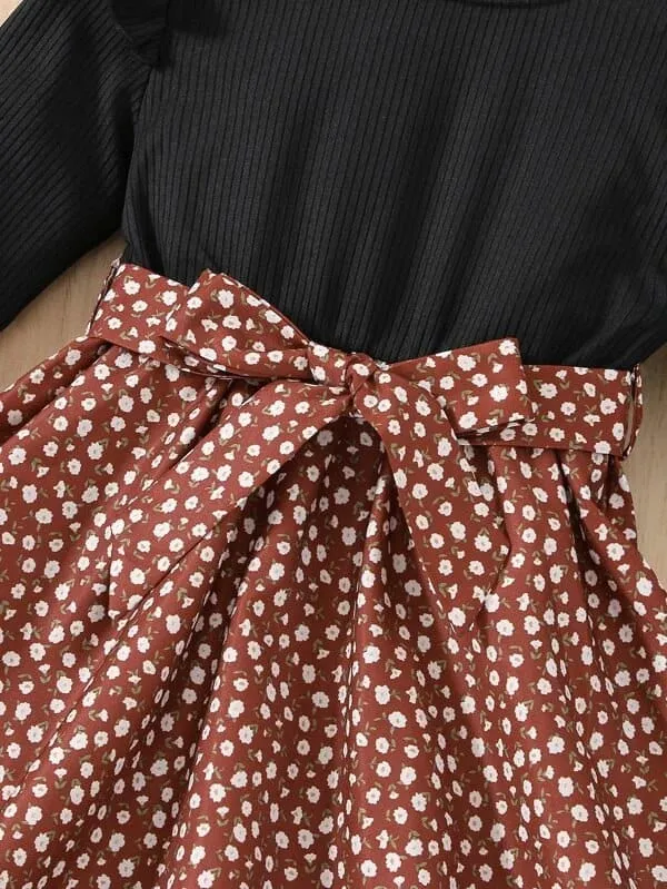 Black__Brown_Elegant_Longsleeve_Floral_Dress_For_Girls