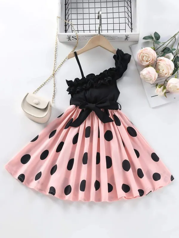 Black__Pink_Stylish_Oneshoulder_Polka_Dot_Dress_For_Girls