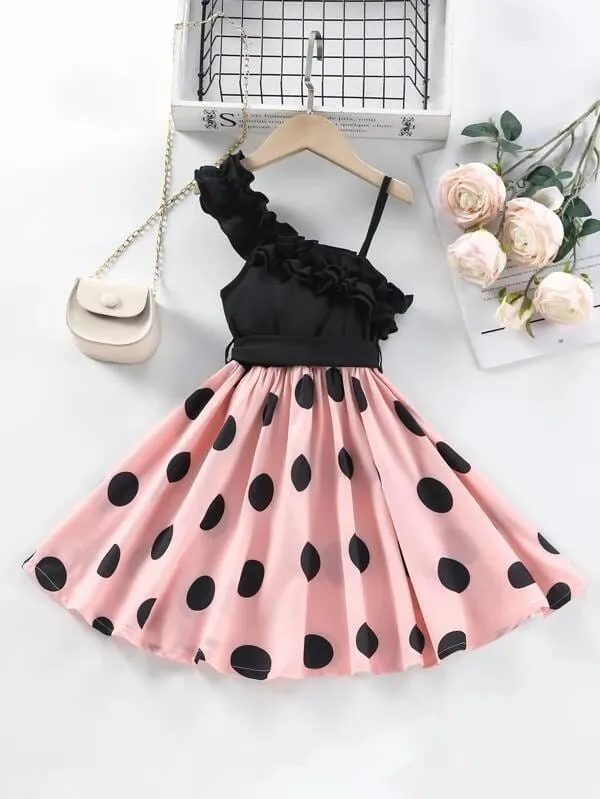 Black__Pink_Stylish_Oneshoulder_Polka_Dot_Dress_For_Girls