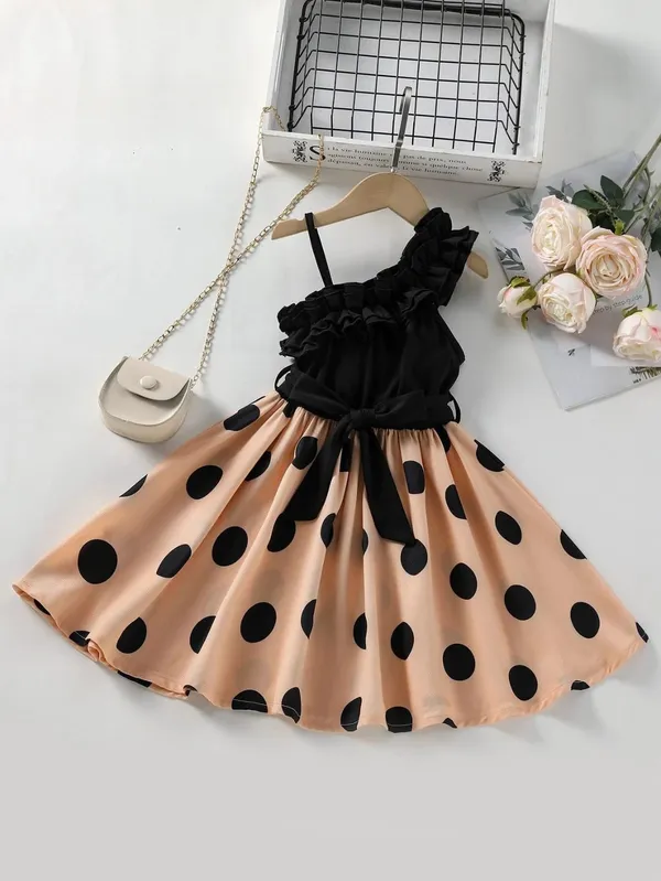 Black__Peach_Chic_Oneshoulder_Polka_Dot_Dress_For_Girls