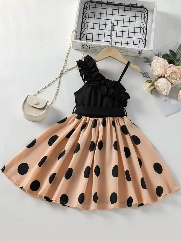 Black__Peach_Chic_Oneshoulder_Polka_Dot_Dress_For_Girls