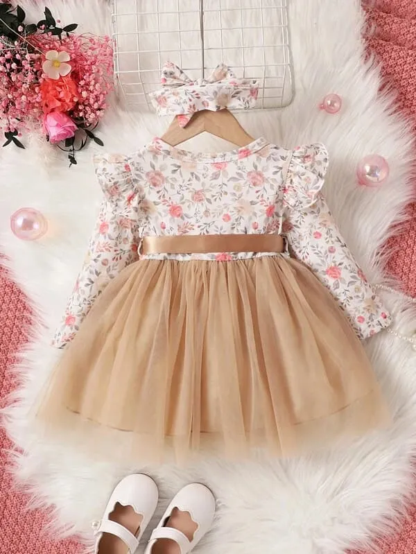 Brown_Elegant_Beige_Floral_Tulle_Dress_With_Matching_Headband_For_Girl