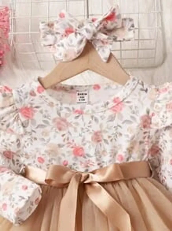 Brown_Elegant_Beige_Floral_Tulle_Dress_With_Matching_Headband_For_Girl