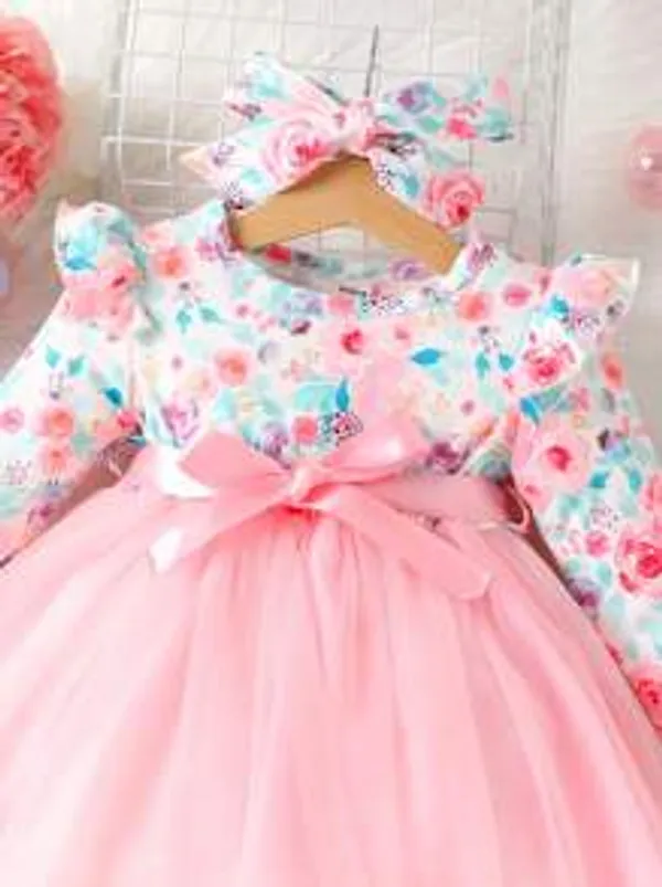 Georgette_Pink_Adorable_Floral_Tulle_Dress_With_Matching_Headband_For_Girls