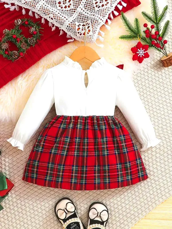 White_And_Red_Festive_Snowflake_Plaid_Dress_Set__Adorable_Outfit_For_Girls