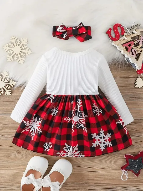 White_And_Red_Festive_Snowflake_Plaid_Dress_Set__Adorable_Outfit_For_Girls