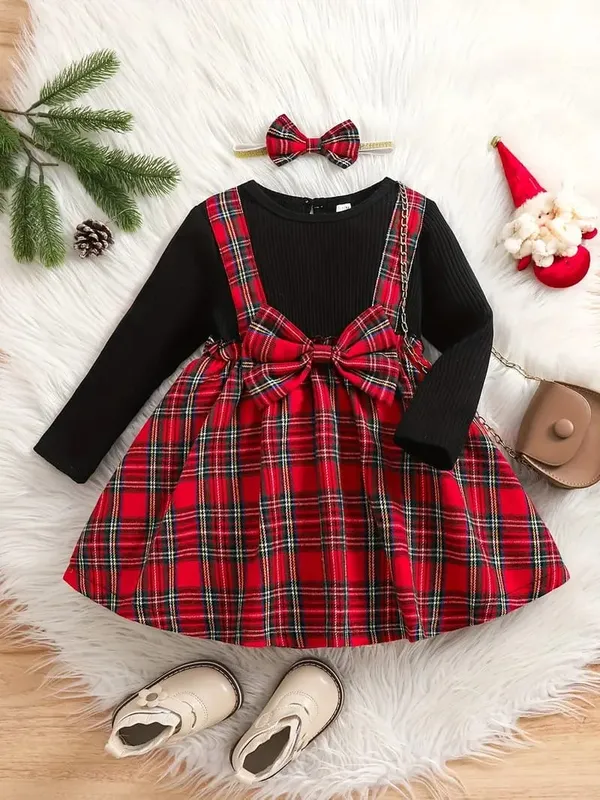 Red_And_Black_Adorable_Plaid_Suspender_Dress_Set__Festive__Stylish_For_Kids