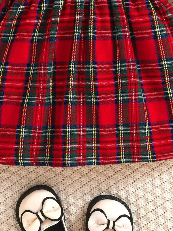Red_And_Black_Adorable_Plaid_Suspender_Dress_Set__Festive__Stylish_For_Kids