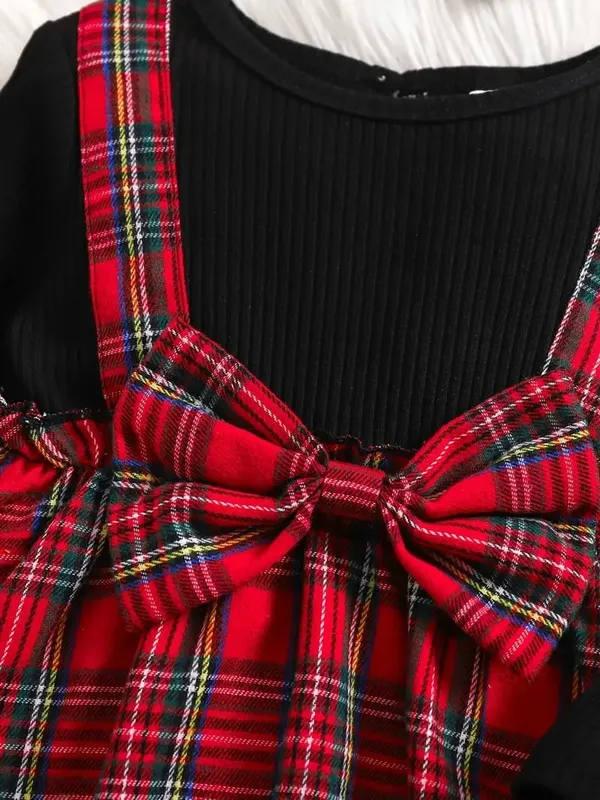 Red_And_Black_Adorable_Plaid_Suspender_Dress_Set__Festive__Stylish_For_Kids