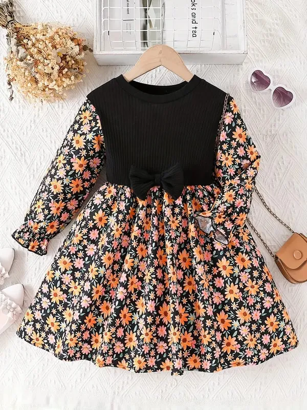 Black__Daisy_Print_Elegant_Floral_Charm__Baby_Dress_For_Girls