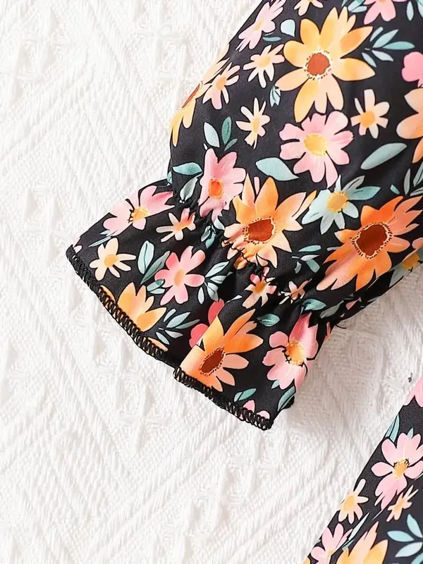 Black__Daisy_Print_Elegant_Floral_Charm__Baby_Dress_For_Girls