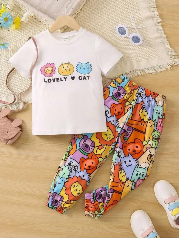 RAINBOW_LOVELY_CAT_PRINTED_STYLE_T-SHIRT_&_BOTTOM