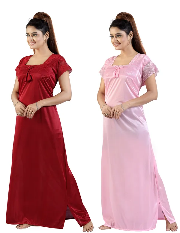Pack_of_2__Maroon+_Baby_Pink_Satin_Solid_Honeymoon_Nighty_Combo/Regular_Nighty
