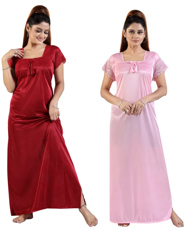 Pack_of_2__Maroon+_Baby_Pink_Satin_Solid_Honeymoon_Nighty_Combo/Regular_Nighty